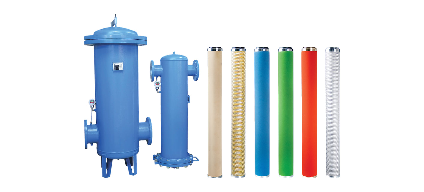 Two BF flanged filters with six filter elements beside them, from the coarse sintered element to activated carbon