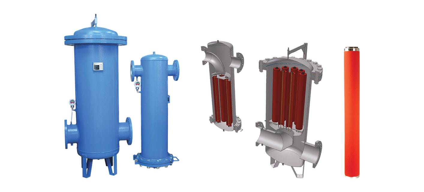 Flanschfilter BF, Filter im Schnitt und Filterelement des Mikrofilters BFS