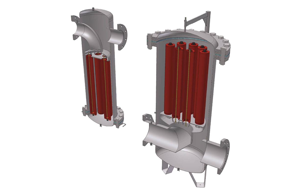 Two BF filters in cutaway: a smaller one with one element and a larger one with several elements