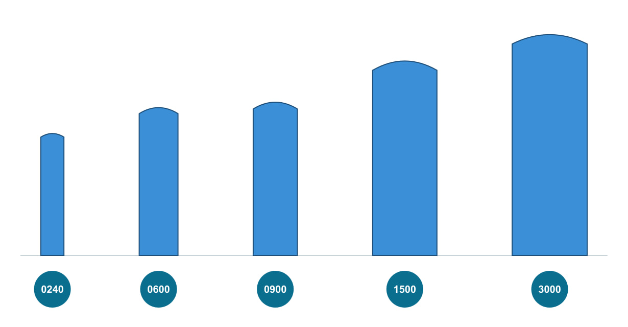 Outlines of BF filter housings in sizes 0240, 0600, 0900, 1500 and 3000 in their true ratio of height to diameter