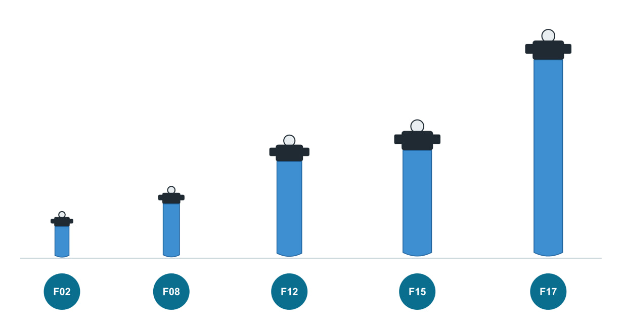 Zarysy filtrów NGF w rozmiarach F02, F08, F12, F15 i F17 w rzeczywistych proporcjach szerokości i wysokości