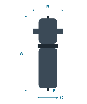 Rysunek filtra WFIT z wymiarami A, B, C i wylotem kondensatu E
