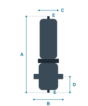 Rysunek filtra SF z wymiarami A, B, C, D i wylotem kondensatu E
