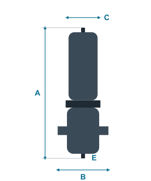 Drawing of the SPF filter with dimensions A, B, C and drain E