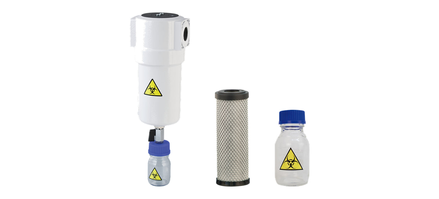 M-VAC medical vacuum filter with a transparent bowl, element and bowl