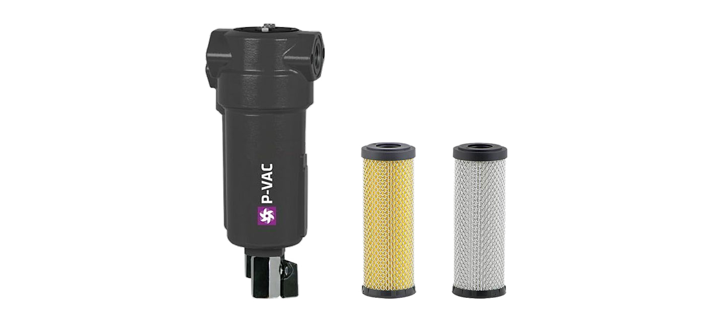 P-VAC vacuum filter in dark grey and the elements of both stages