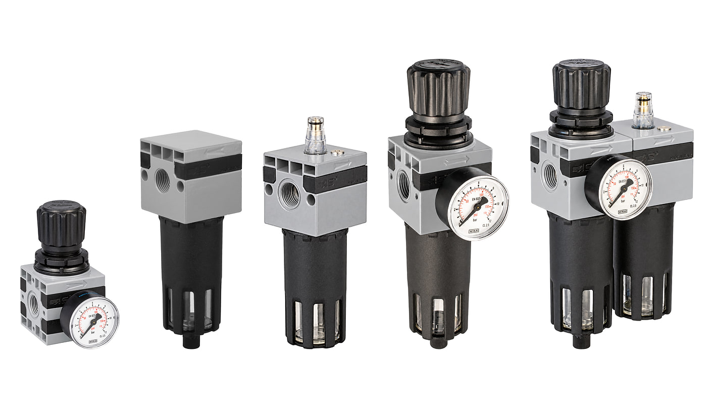 Five B2 components in size 3/8" shown to true relative scale: pressure regulator, filter, lubricator, filter regulator and air treatment unit