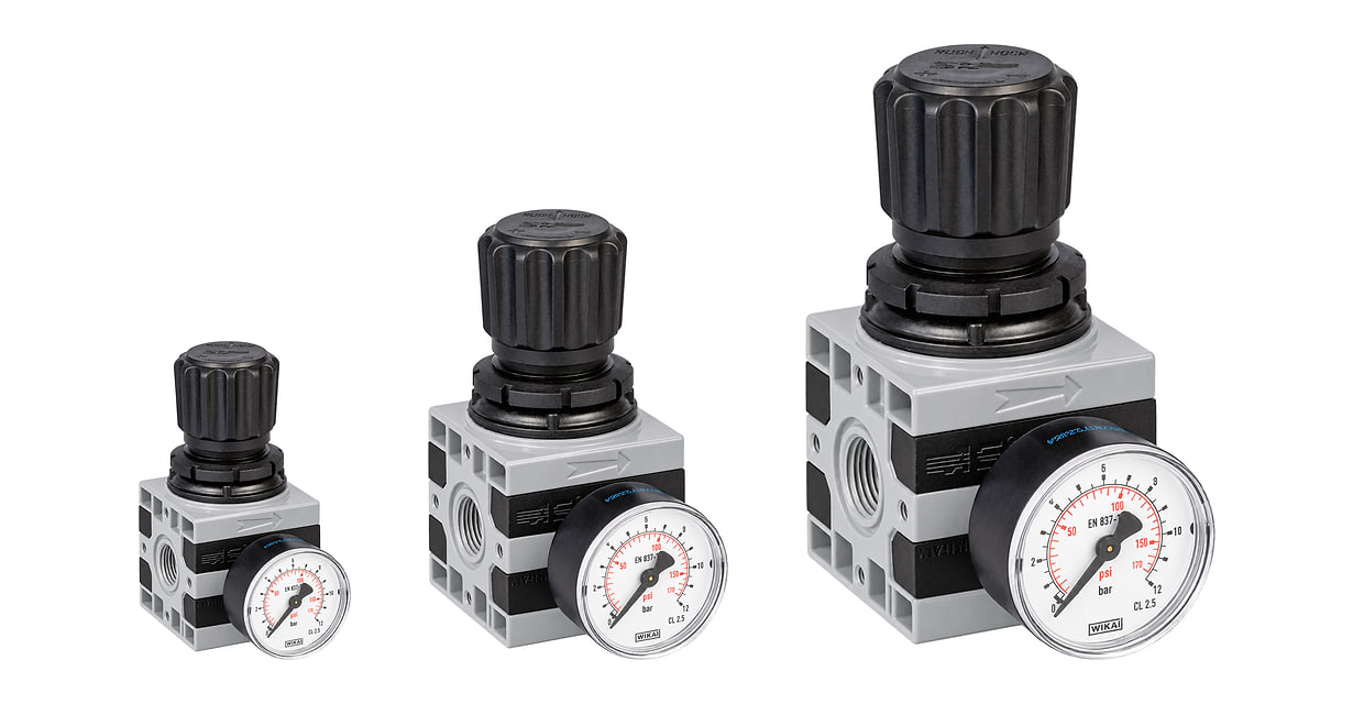 Three B2R pressure regulators side by side: sizes 1, 2 and 3 shown to true relative scale