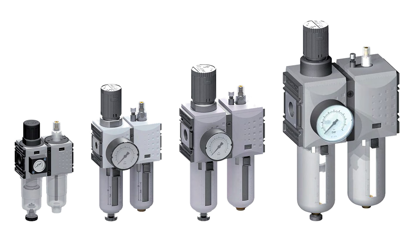FUTURA two-piece air treatment units in sizes 0, 1, 2 and 4 side by side, heights shown to true scale