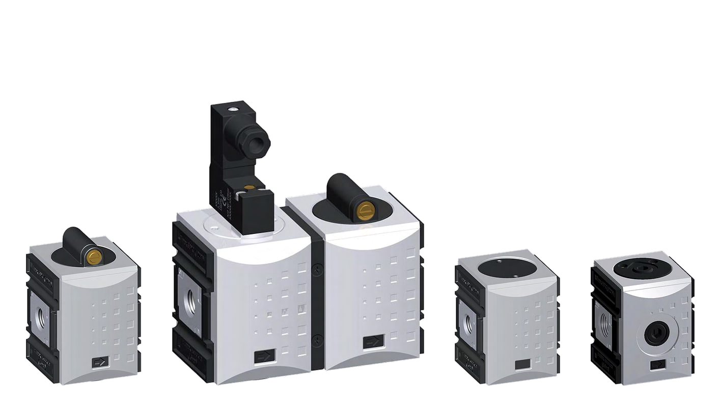 FUTURA size 1 soft-start valve, soft-start unit, check valve and manifold module side by side, heights shown to true scale