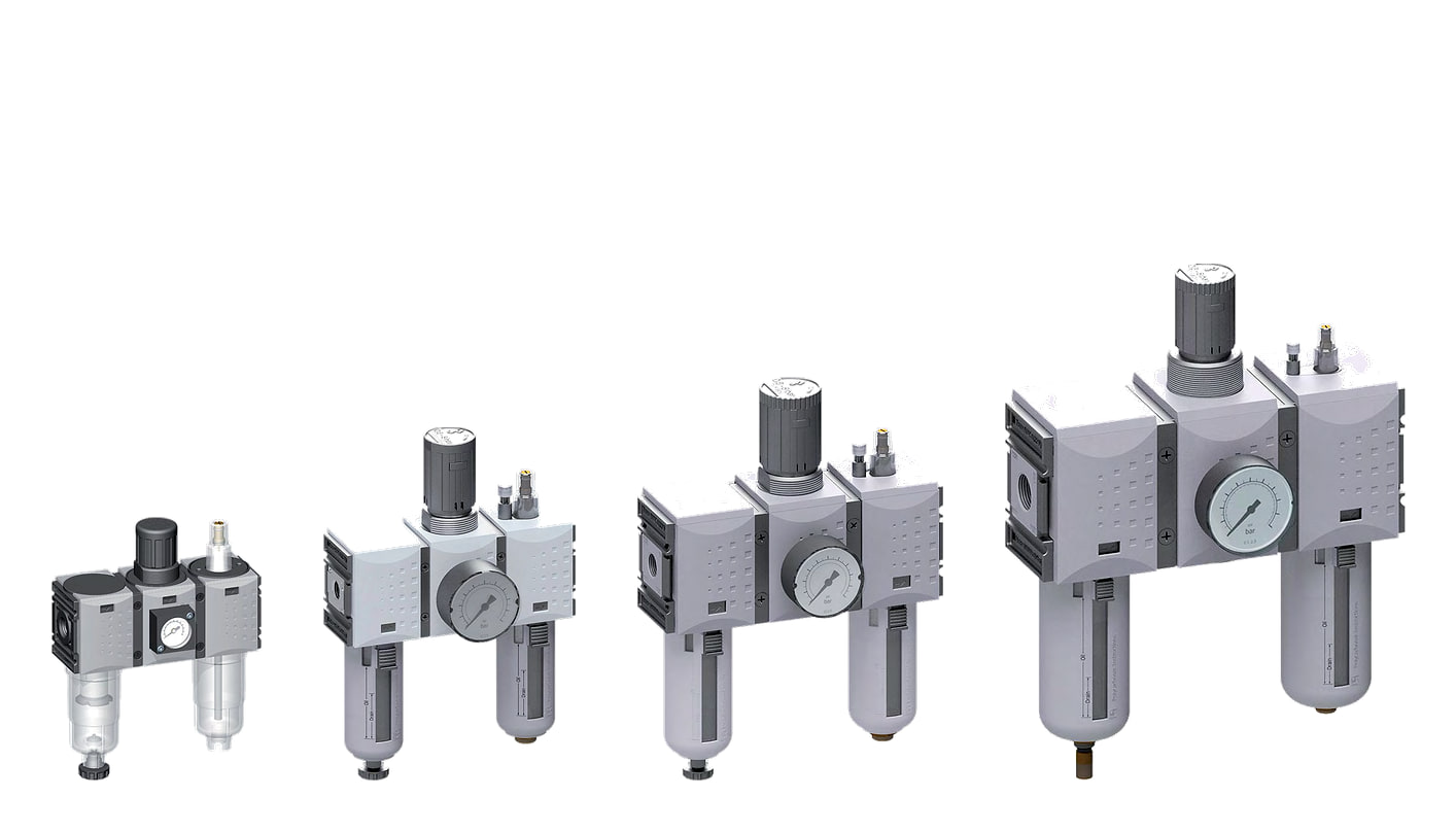 FUTURA three-piece air treatment units in sizes 0, 1, 2 and 4 side by side, heights shown to true scale