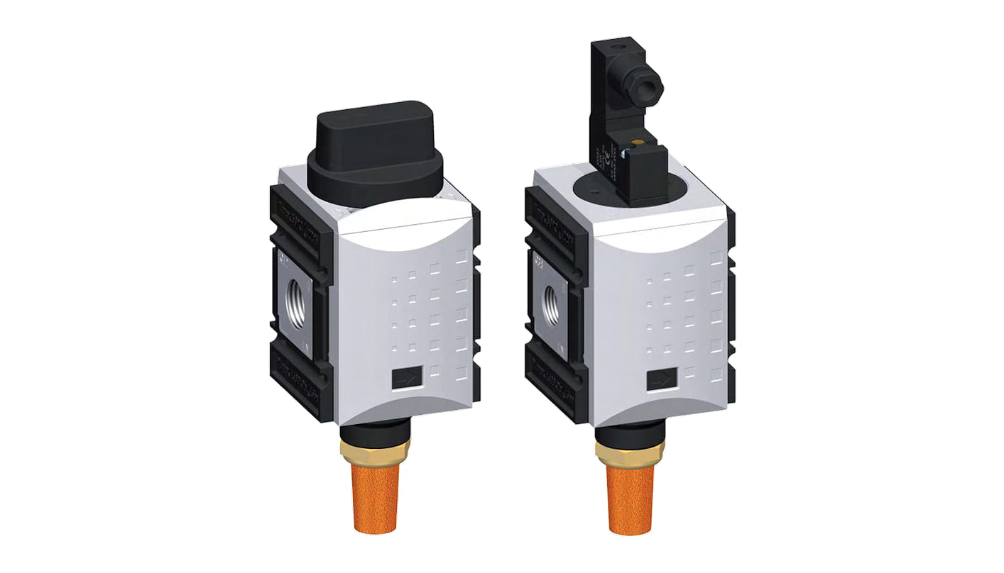 Kugelhahn mit Entlüftung und elektrisch betätigtes 3/2-Wege-Ventil FUTURA der Baugröße 2 nebeneinander