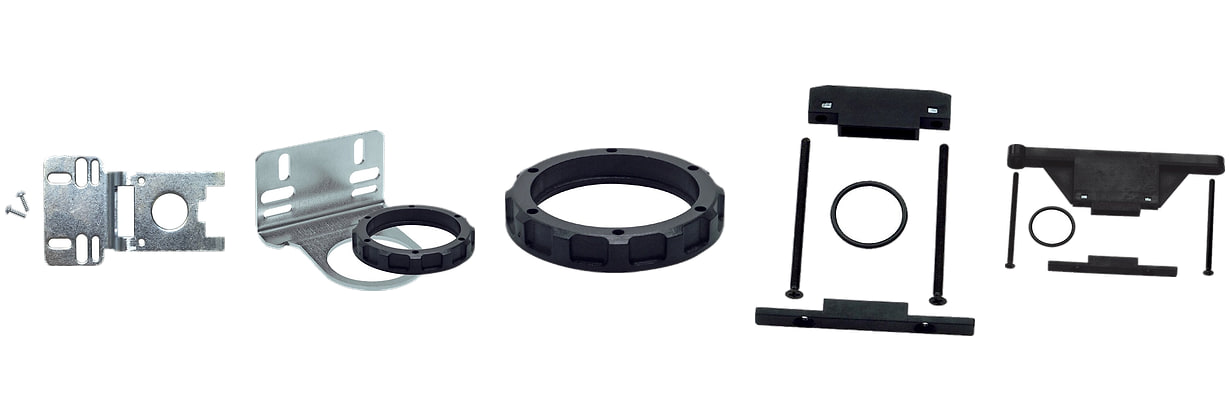 FUTURA size 1 mounting parts: mounting bracket with screws, bracket with nut, panel mounting nut, connection kit and connection kit with wall bracket